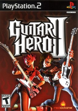 The boxarts for both the PlayStation 2 and the Xbox 360 version of Guitar Hero II.