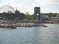 Junior Women's War Canoes (C-15) come across the line at the 2005 Canadian Canoe Association Championships, held at le bassin olympique in Montreal, Quebec, Canada.