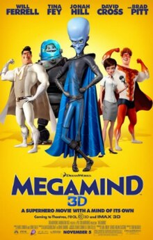 Poster showing primary characters; from left to right: Metro Man, Minion, Megamind, Roxanne and Tighten.