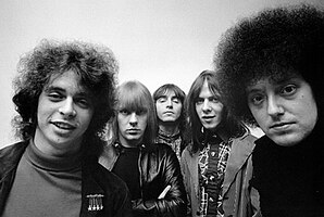 MC5 in 1970. From left to right: Wayne Kramer, Dennis Thompson, Michael Davis, Fred "Sonic" Smith, and Rob Tyner.