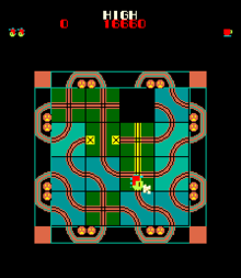 The player moves tiles to guide the locomotive along the track.