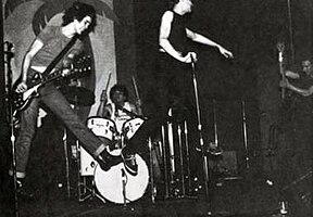 Negative Trend at the Mabuhay Gardens in 1978. From left to right are Craig Gray, Steve DePace, Mikal Waters, and Will Shatter.