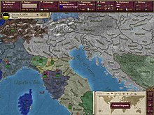 A preview image of Victoria II showing the political map mode, interfaces, and Northern Italy in 1836.