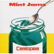 The album cover of Mint Jams, depicting a spoon scooping out mint colored jam from a jar.