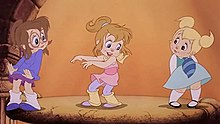 The Chipettes as they appear in The Chipmunk Adventure. From left to right: Jeanette, Brittany, and Eleanor