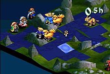 Various characters and creatures are standing on a grassy battlefield. The battlefield is divided into squares, and some squares are blue.