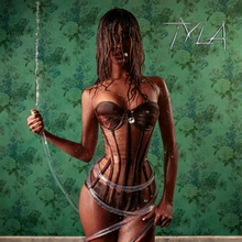 Against a green painting, hair covering her face and clear hose around her wet body, Tyla is spraying water.