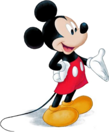 A smiling cartoon mouse with round ears, red shorts with white buttons, white gloves, and yellow shoes.