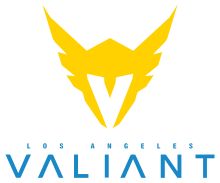 The logo for the Los Angeles Valiant features a golden-winged helmet that forms a 'V' using negative space.