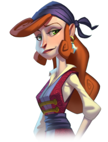 A woman depicted in a stylized art form. Possessing long red hair and green eyes, the woman wears a traditional pirate outfit with a blue headscarf. An earring with a large diamond hangs from her left ear.