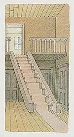 an illustration of an empty room featuring two floors connected by a carpeted stairway.