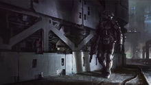 Low angle shot of a industrial area. An armored soldier carrying a weapon looks over his shoulder. Harsh lighting cuts through the gloomy darkness and illuminates the soldier, casting shadows on the wall behind him.