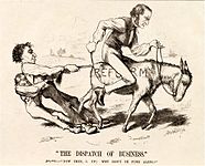 A caricature showing Gladstone on a donkey, marked "reform", being held back by Disraeli and a working-class man, who are holding the donkey's tail