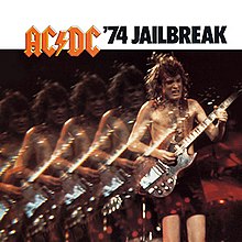 A distorted photo of Angus Young playing, him appearing five times on the cover. On the top of the cover there is a banner with the AC/DC logo and the all caps title "'74 Jailbreak".