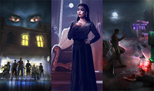 Three illustrations representing the games: the first shows a group of armed people in front of a building; the second shows a vampire illuminated by moonlight; and the third shows a vampire leaning against a car in front of a corpse.