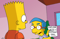 A depicted scene from the episode, when Milhouse mocks Bart over the ownership of his soul as he holds up the paper.