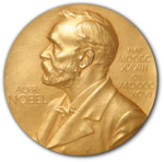 Front side of a Nobel Prize medal which was awarded in 1950.