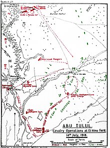 Map showing the advance of Macandrew's units at the Battle of El Hinu, with arrows delineating the flanking manoeuvre around the River Jordan