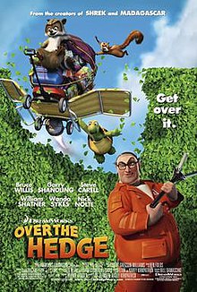 A raccoon, a turtle, and a squirrel hang on to a food-stacked wagon, attached with a lit-up propane tank and a lounge chair resembling wings, that blasts into a large hedge and above a man in an orange suit equipped with an animal catcher tool.