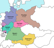 Partition plan from Franklin D. Roosevelt:   Hanover   Prussia   Hesse   Saxony   Bavaria   International zone (two exclaves)   Allied-administered Austria