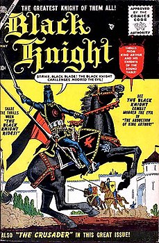 Первое появление Чёрного рыцаря (сэра Перси из Скандии) в Black Knight #1 (май 1955) (художник Джо Манели)