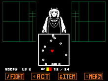 Бой с Ториэль в Undertale. Ториэль атакует огненной магией красное сердце, символизирующее игрока.